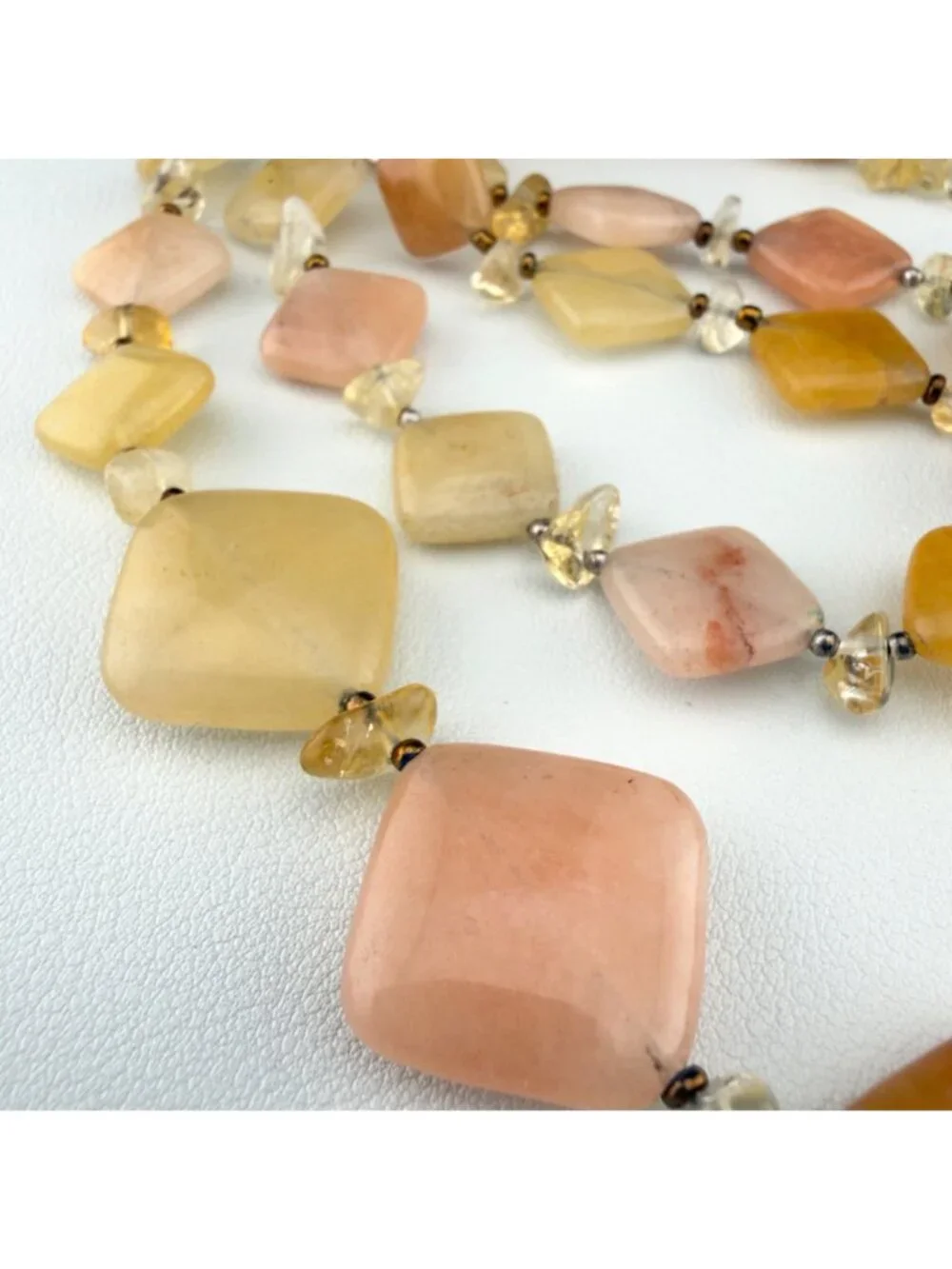 Natural Stone Beaded Necklace Double Strand Yellow Peach Sterling Silver Clasp